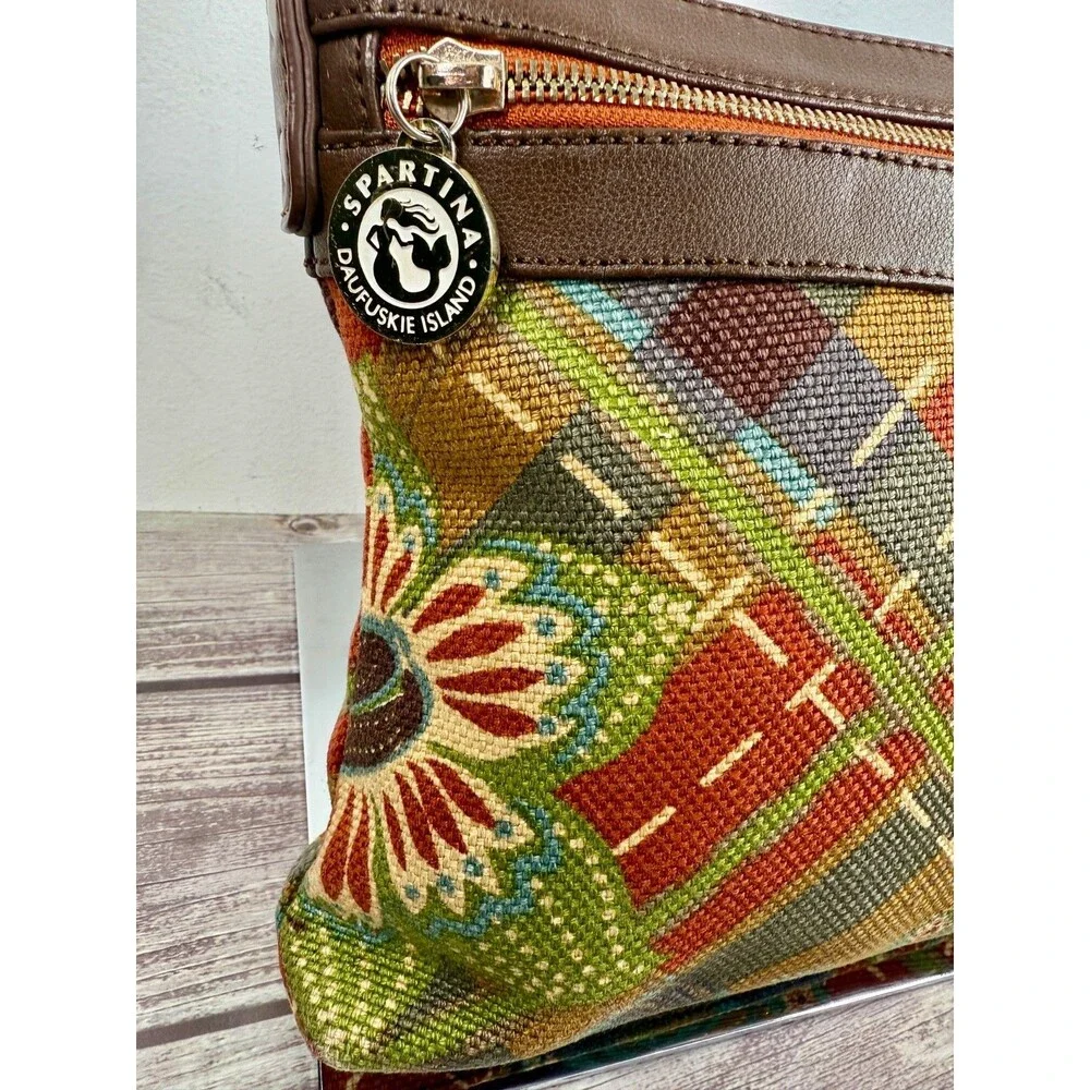 Spartina 449 Daufuskie Island Leather Fabric crossbody bag Boho EXCELLENT‎